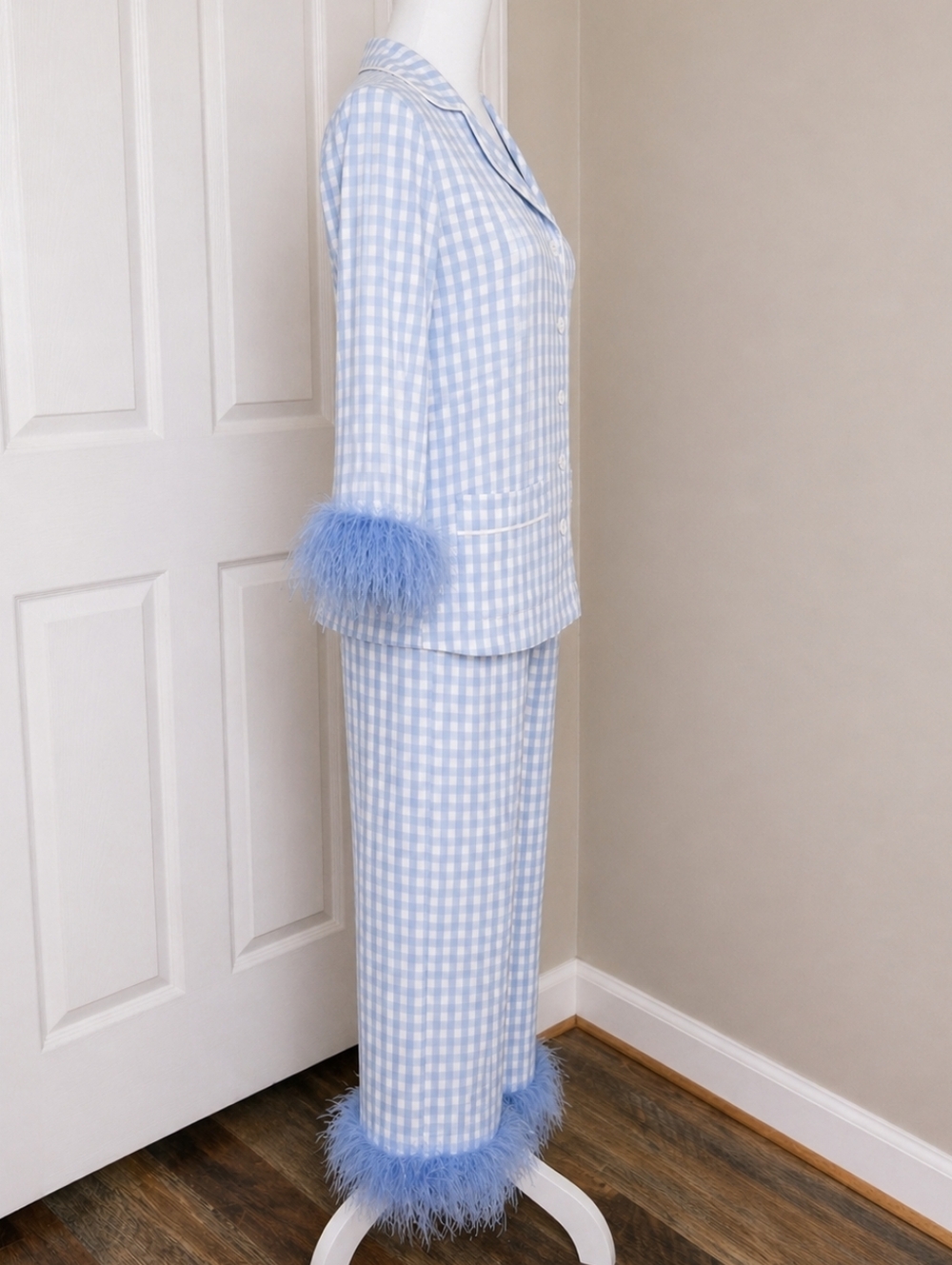 SLEEPER Blue Gingham Feather Trim Pajama Set Bridal Wedding Morning Ostrich - Picture 2 of 9